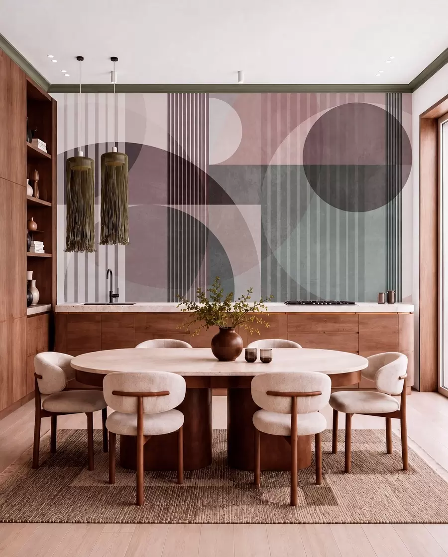 Fototapety Abstraktné geometrické tvary s kruhmi a čiarami, tlmené farby, textúrovaná, vrstvená kompozícia w09834v1