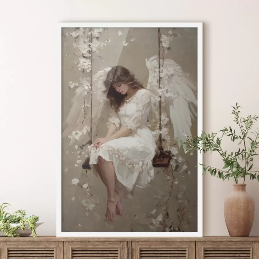 Fototapety dievčatko ako anjel na hojdačke, namaľované v olejovom štýle f48789