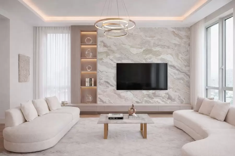 Fototapety Svetlý onyx s vlniacimi sa béžovými a sivými vrstvami w05430