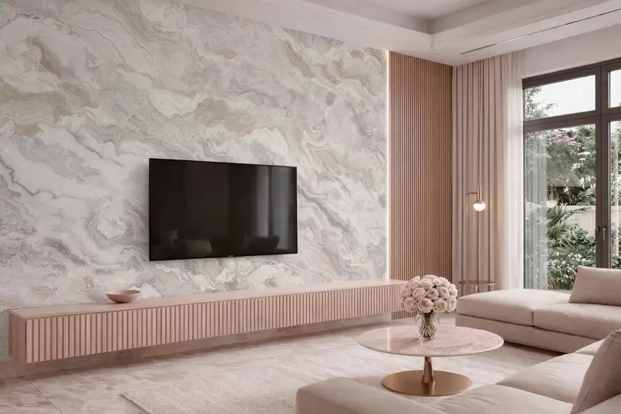 Fototapety Svetlý onyx s vlniacimi sa béžovými a sivými vrstvami w05430