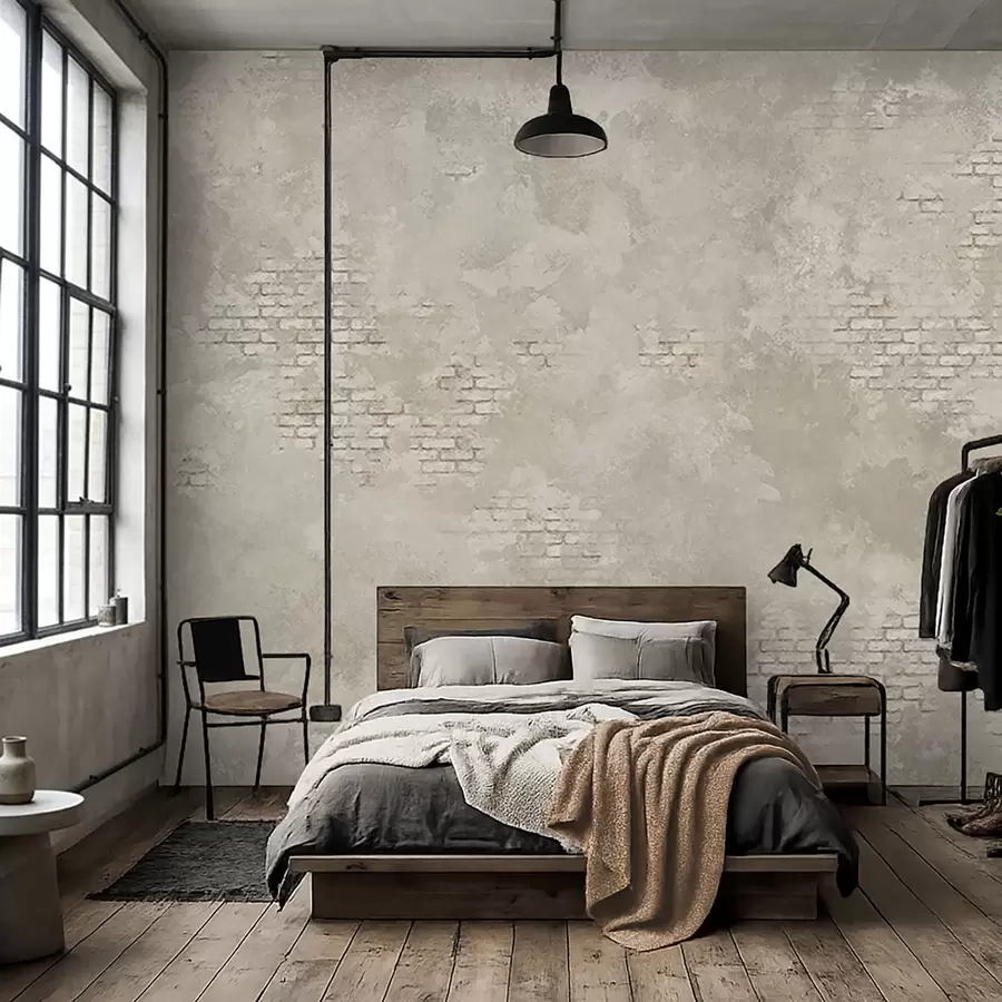 Fototapety Svetlá omietka v štýle grunge s odkrytými úsekmi tehál w05161v1