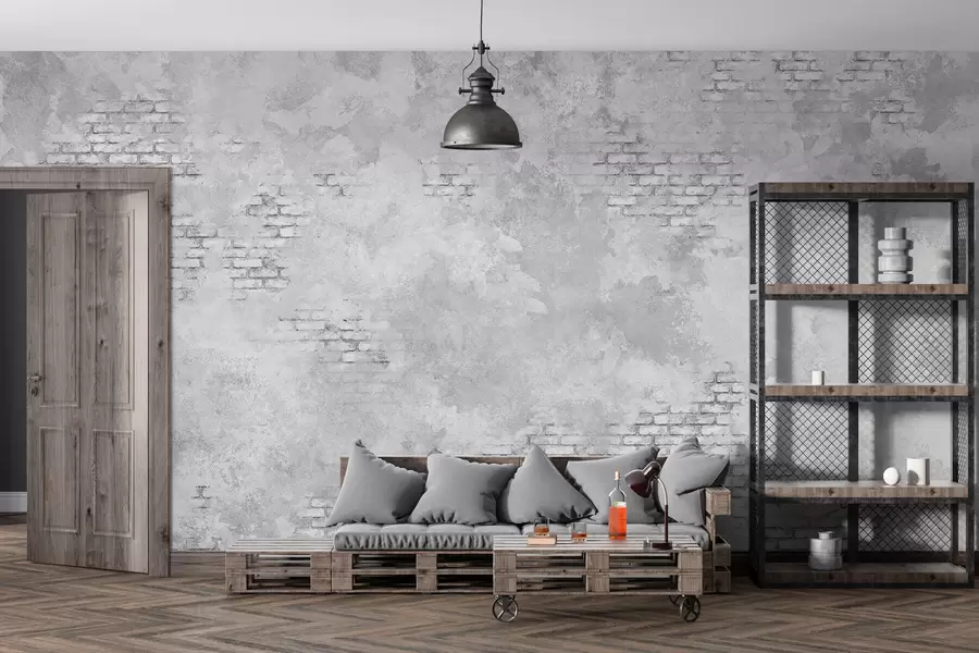 Fototapety Šedá omietka v štýle grunge s viditeľnými úsekmi tehál w05161v2