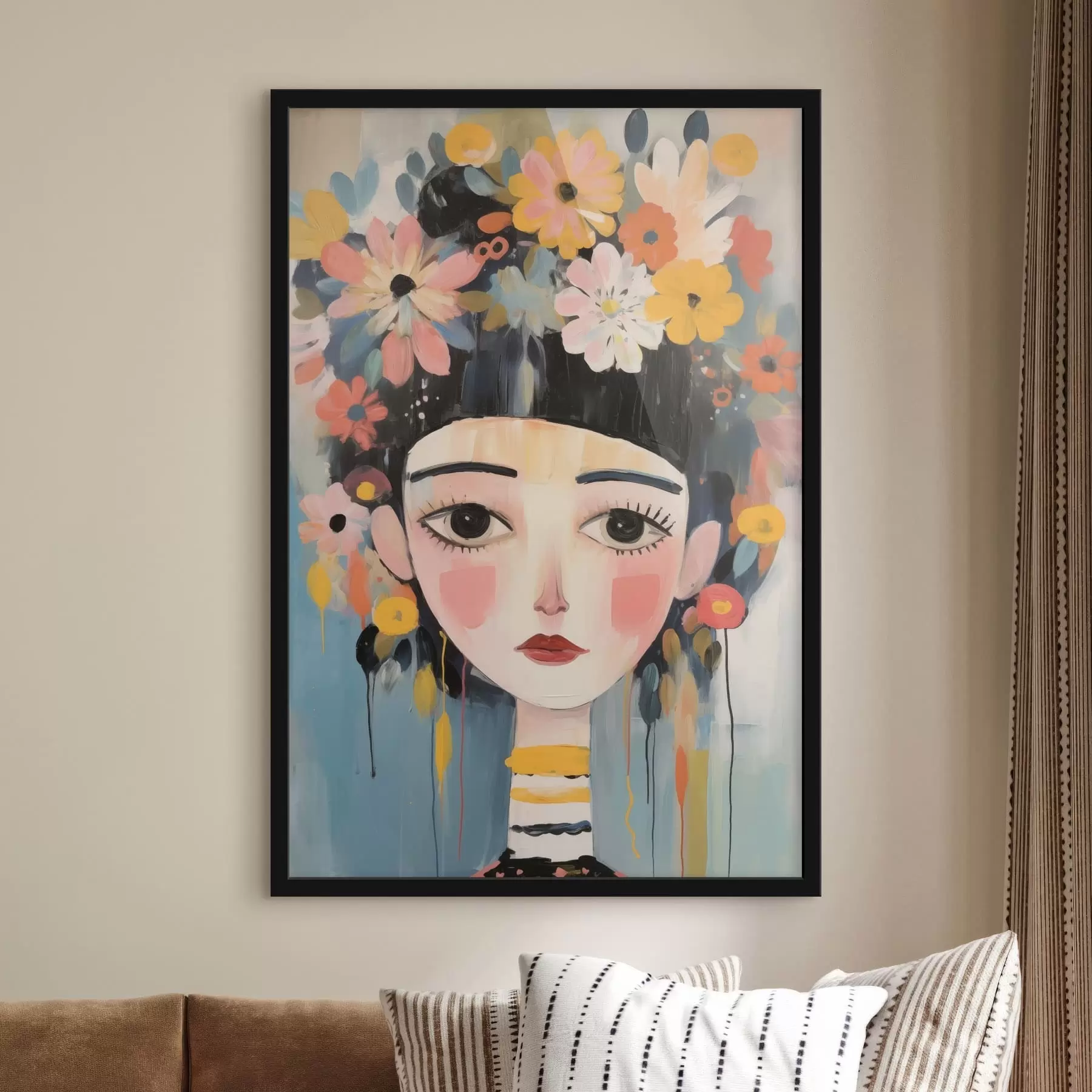 Fototapety Portrét ženy s kvetmi vo vlasoch, abstraktný štýl f48935