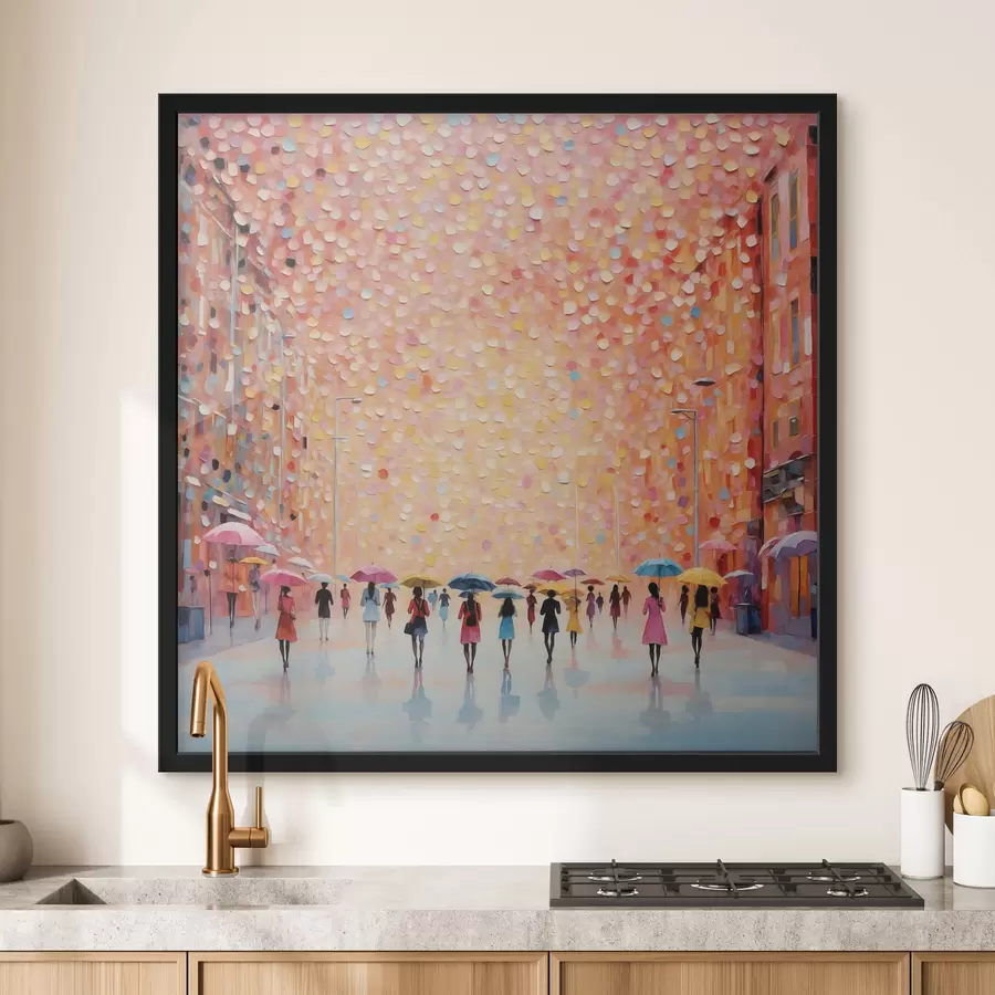 Fototapety Impresionistická mestská scéna s dáždnikmi a odrazmi f48803