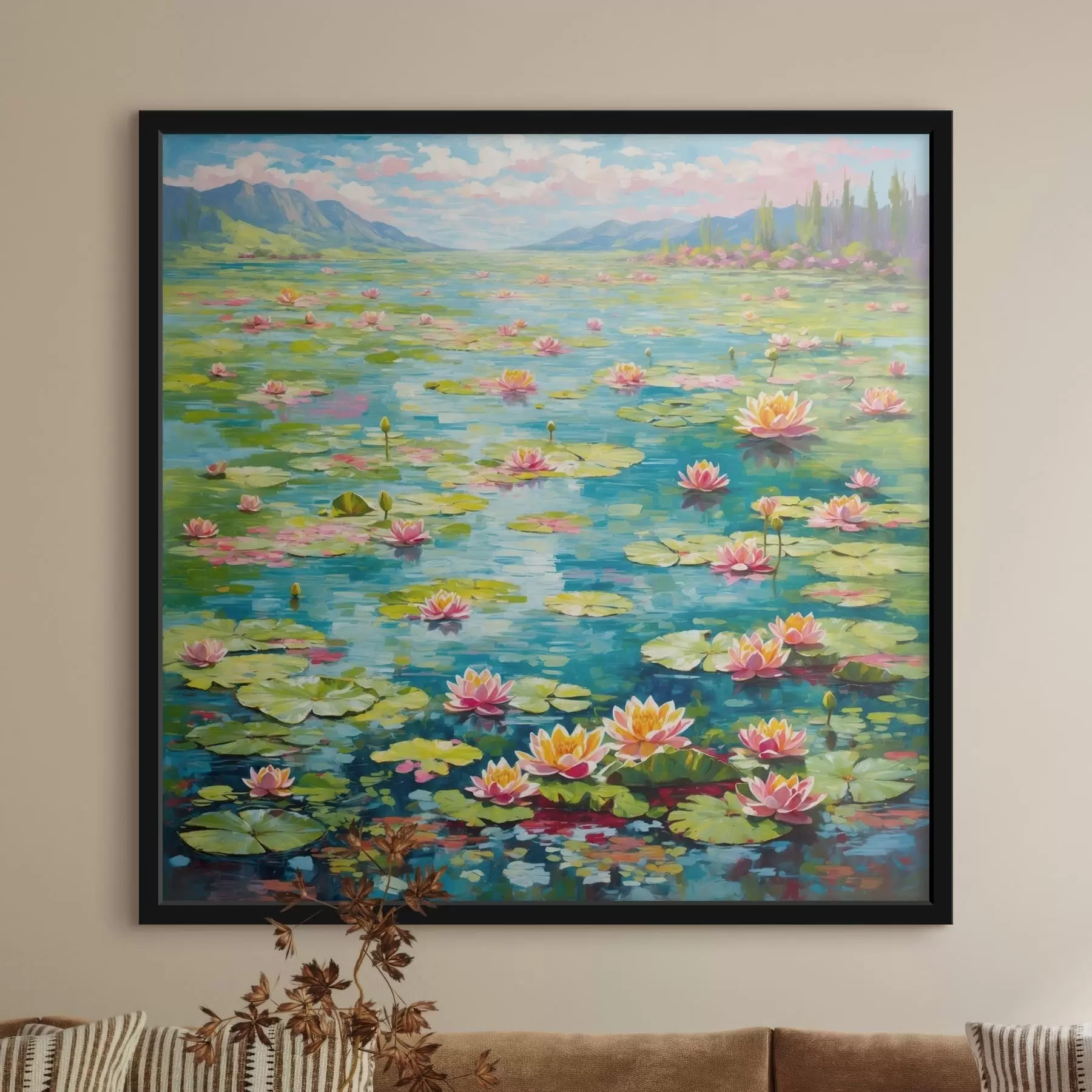 Fototapety Impresionizmus: Liliové jazierko s horami v diaľke f48820