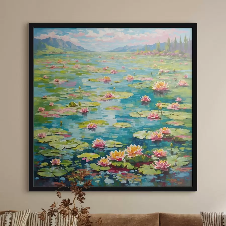 Fototapety Impresionizmus: Liliové jazierko s horami v diaľke f48820