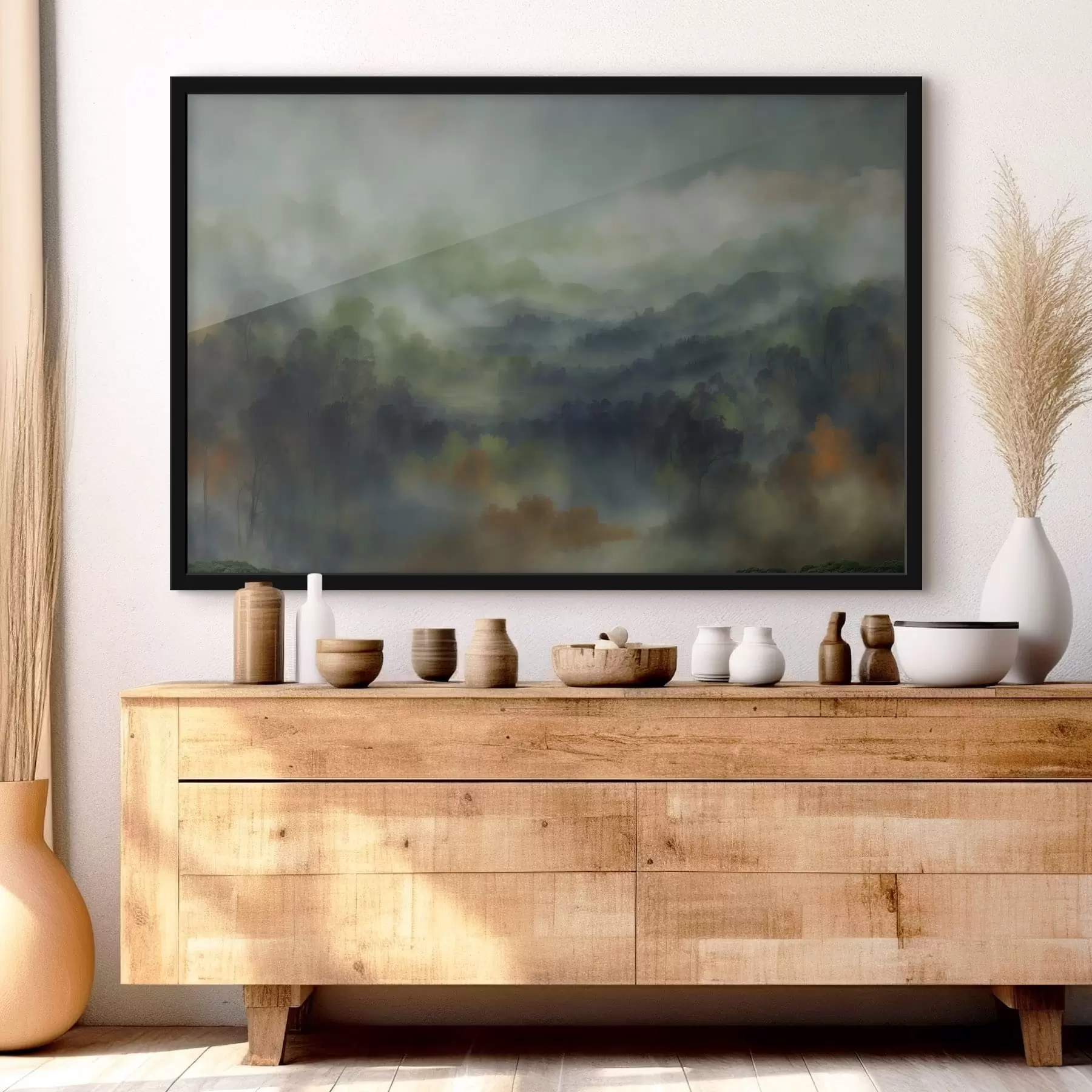 Obraz Atmosférická krajina zamlženého lesa v zelených odtieňoch f48821