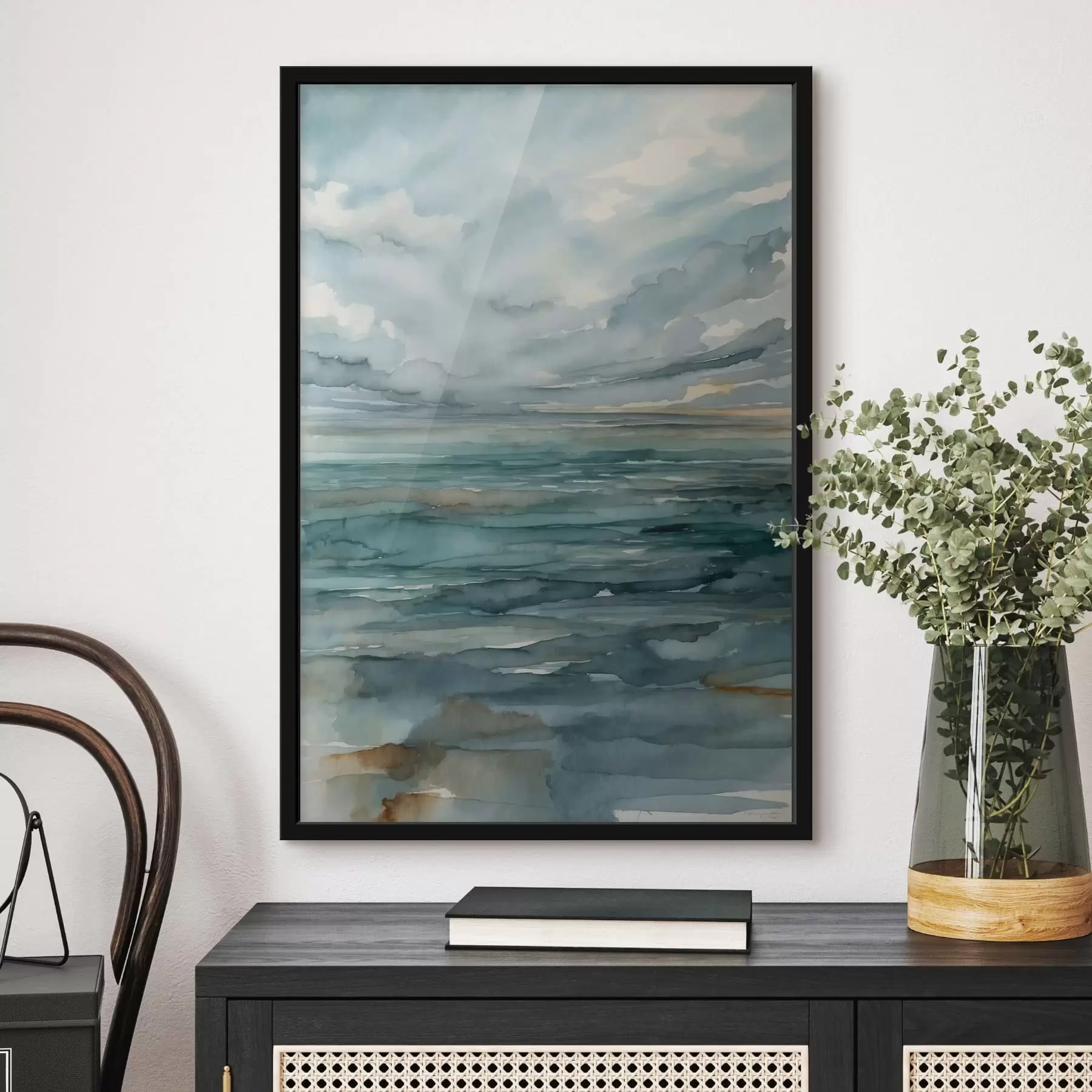 Fototapety Akvarel: pokojné more pod zamračenou oblohou f48824