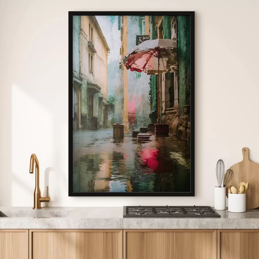 Fototapety Realistická scéna daždivého ulice s dáždnikom a odrazmi f48829