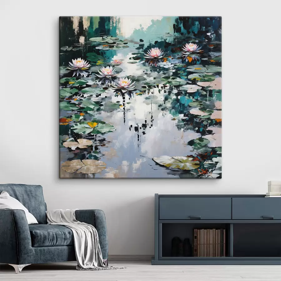 Obraz Impresionistický obraz „Liliové jazierko“ v tmavých odtieňoch s48814