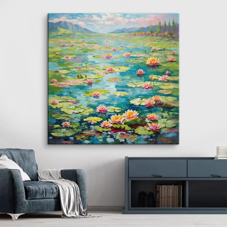 Obraz Impresionizmus: Liliové jazierko s horami v diaľke s48820
