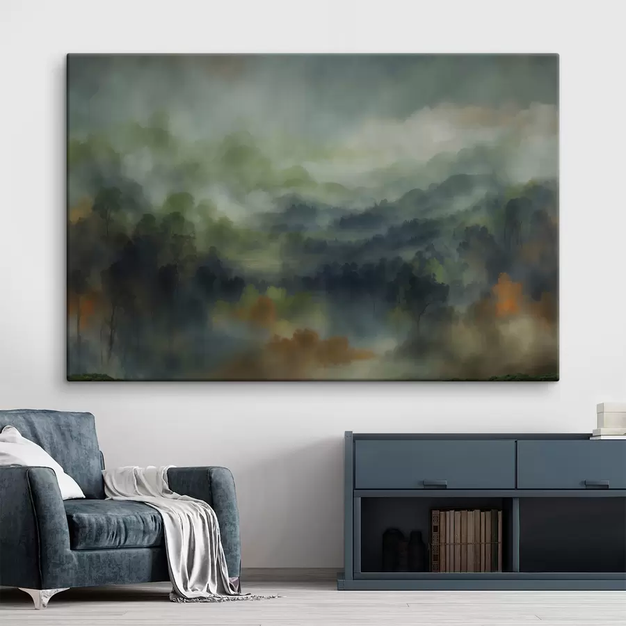 Obraz Atmosférická krajina zamlženého lesa v zelených odtieňoch s48821