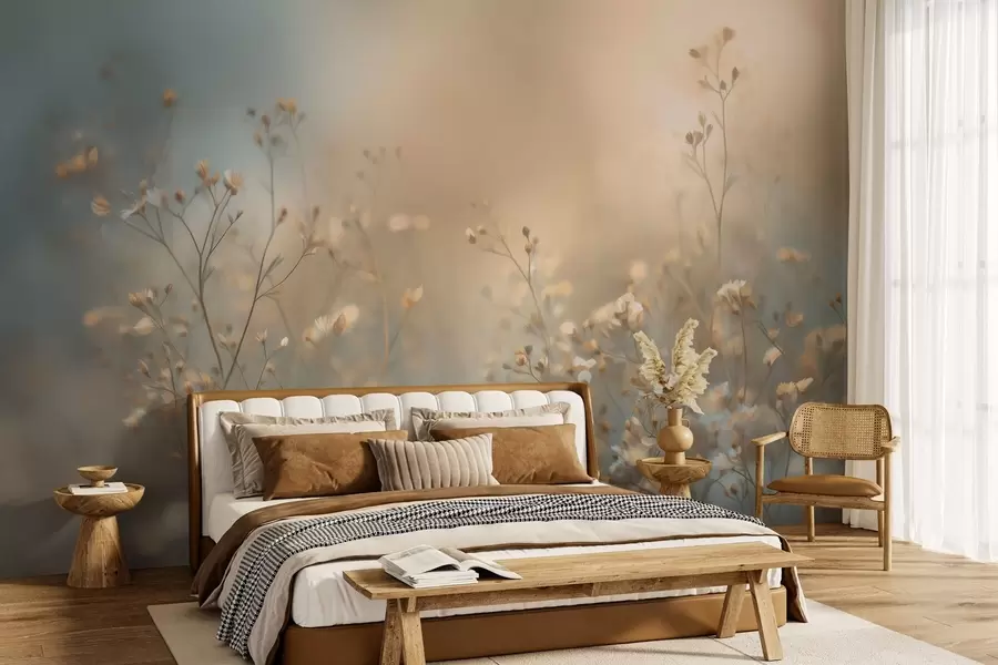 Fototapety poľné trávy s drobnými kvetmi na pozadí s malou hĺbkou ostrosti w05386