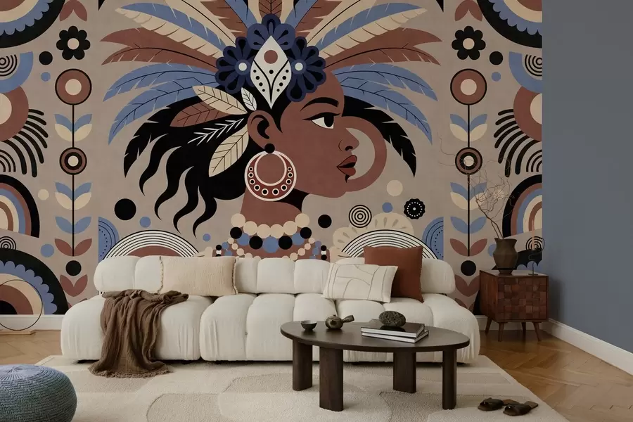 Fototapety štýlový dizajn inšpirovaný Afrikou v odtieňoch modrej a čokoládovej w05389