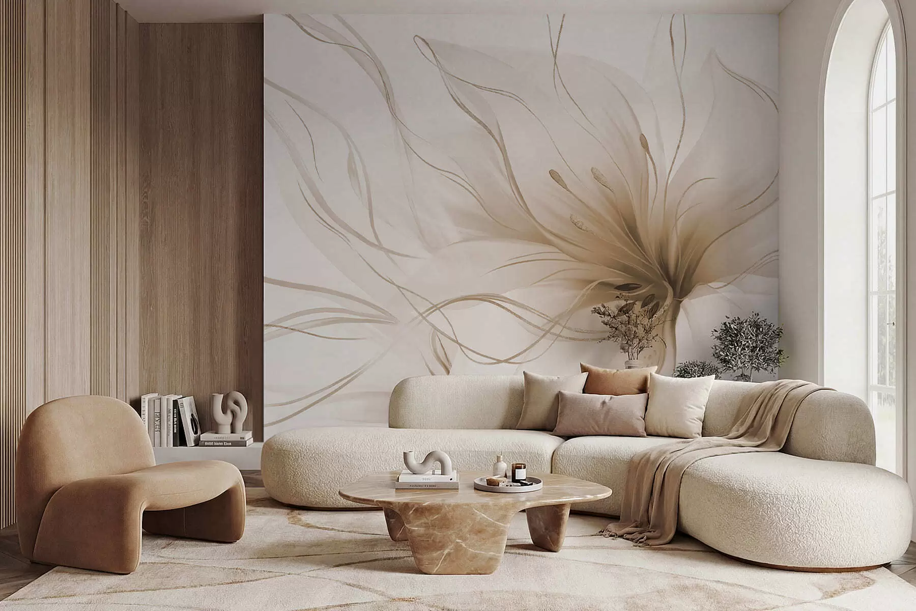 Fototapety Abstraktná béžová kvetina s vlniacimi sa líniami v štýle Fluid Art w05428v2