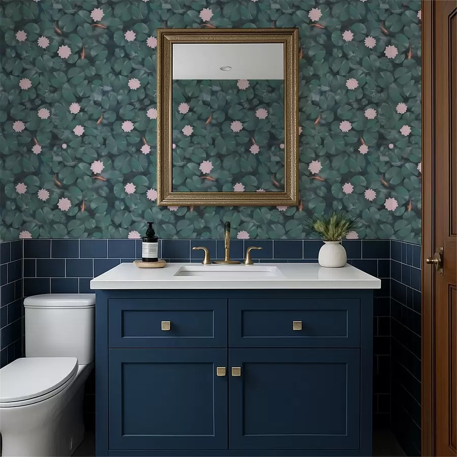 Fototapety Vodné ľalie s kvetmi a rybami na tmavom pozadí a01177