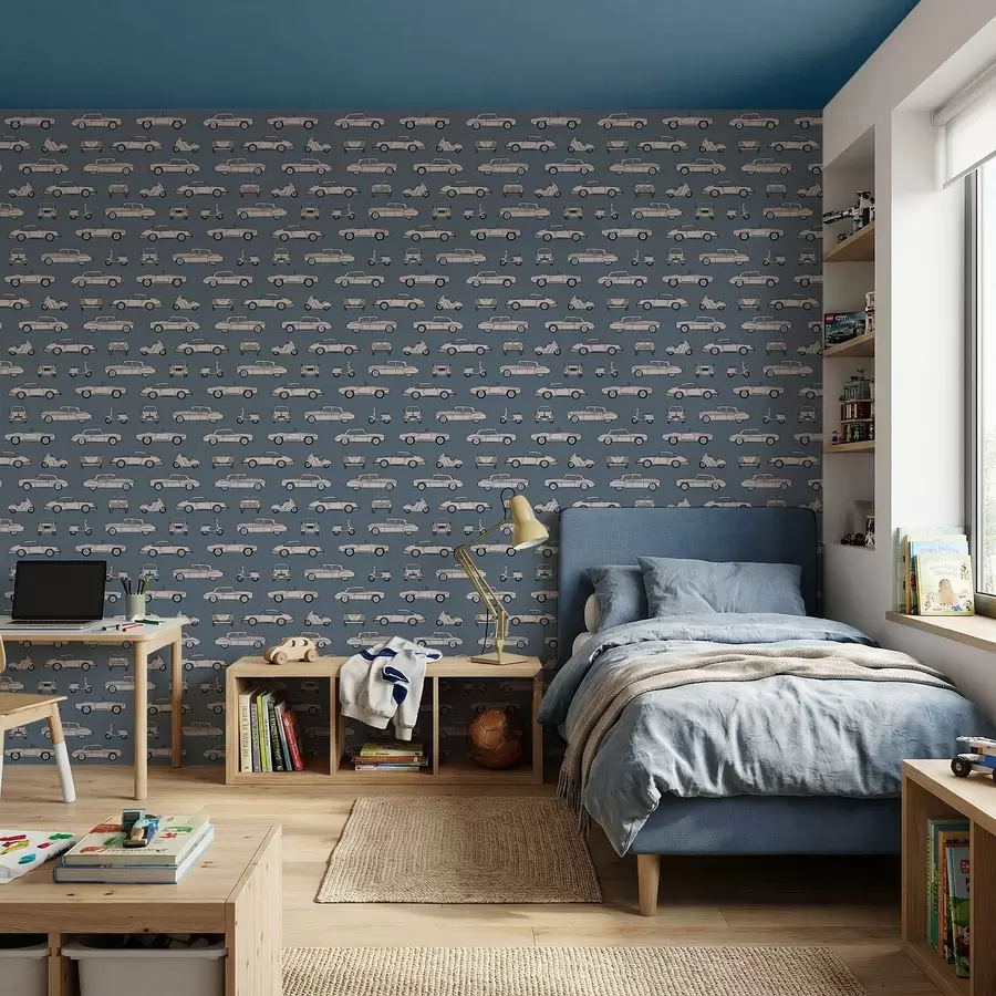 Fototapety Retro autá a skútre na modrom pozadí a01178