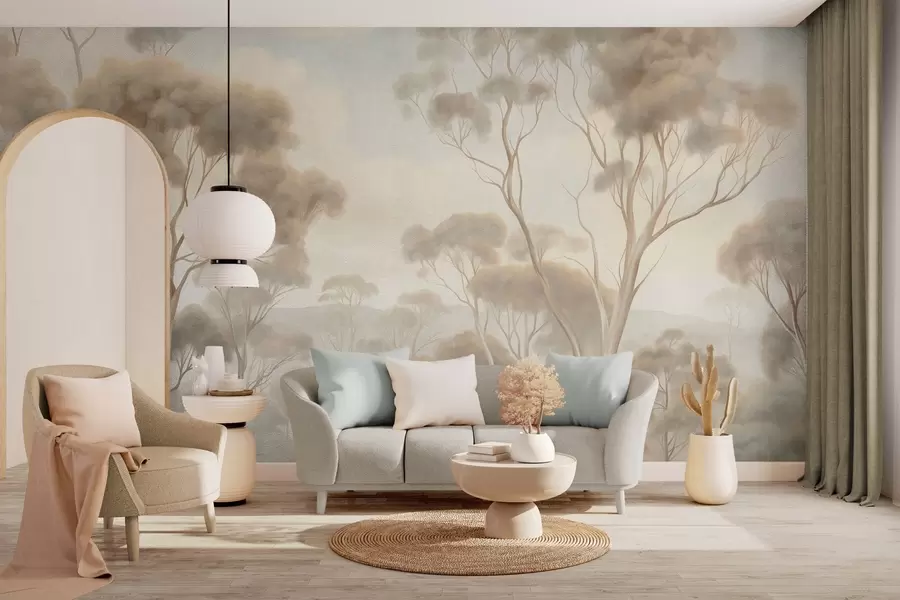 Fototapety Hmlistá lesná krajina s vysokými eukalyptami a zvlnenými kopcami pod zamračenou oblohou, textúrované umelecké dielo w09822