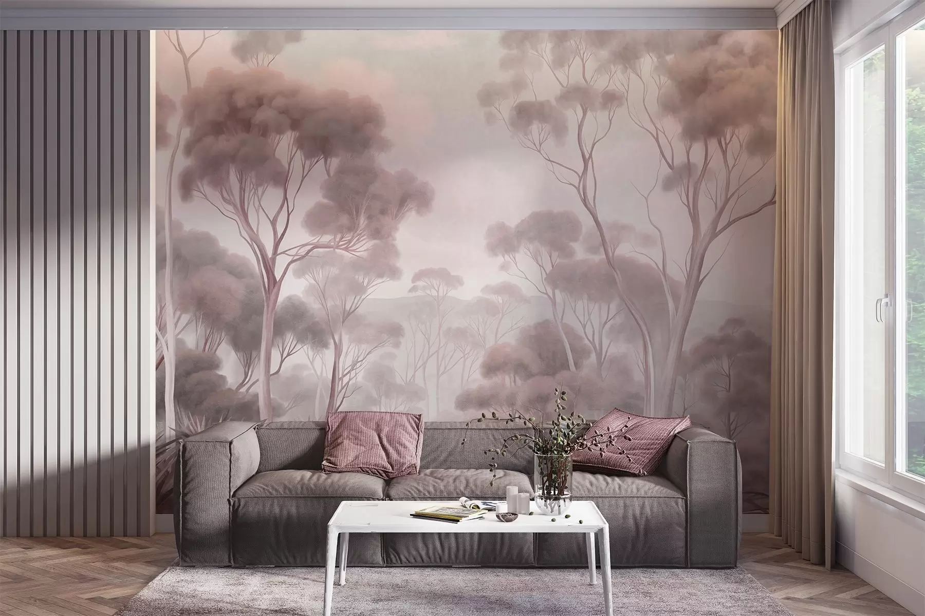 Fototapety Hmlistá lesná krajina s vysokými eukalyptami a zvlnenými kopcami pod zamračenou oblohou, textúrované umelecké dielo w09822v1