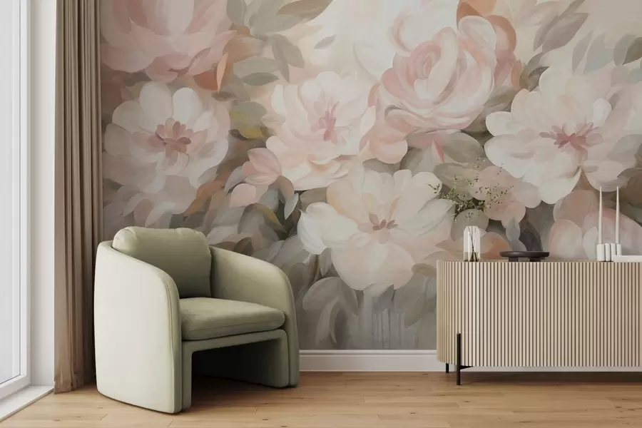 Fototapety Svetloružové a biele kvety so zelenými listami, maľovaný štýl, impresionistický štýl, textúrované umenie w09824