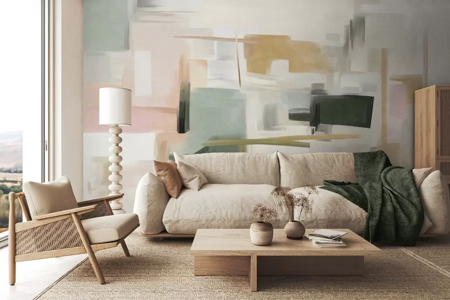 Fototapety Abstraktný minimalistický maliarsky štýl s jemnými pastelovými farbami, geometrickými tvarmi a líniami w09828