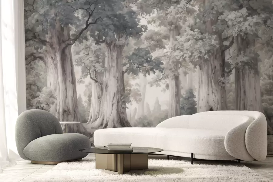 Fototapety Rozprávkový les s vysokými stromami a jemnou tlmenou farebnou škálou v akvarelovom štýle w09849