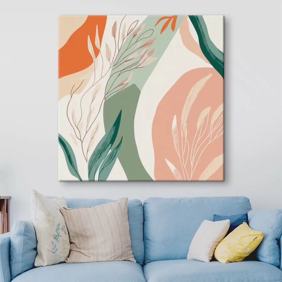 Obraz Botanické umenie s jemnými tvarmi v koralovo-zelenej farebnej palete s48840