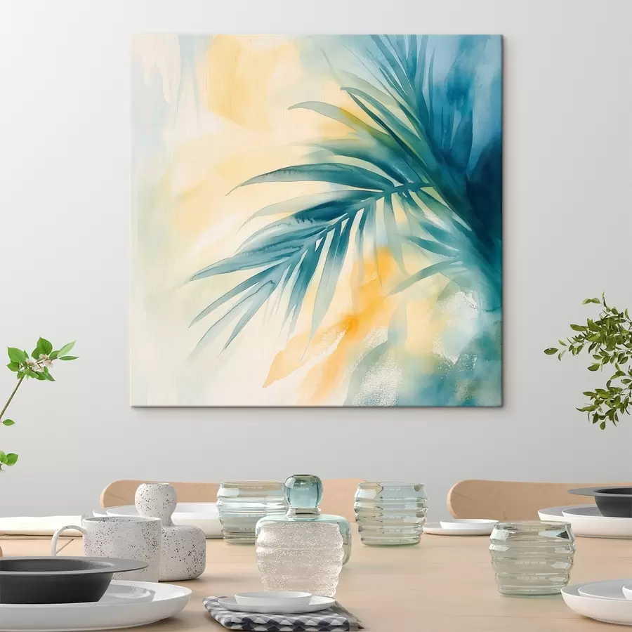 Obraz Listy tropických paliem v modro-tyrkysovej farebnej škále na pozadí teplých akvarelových škvrn s48849