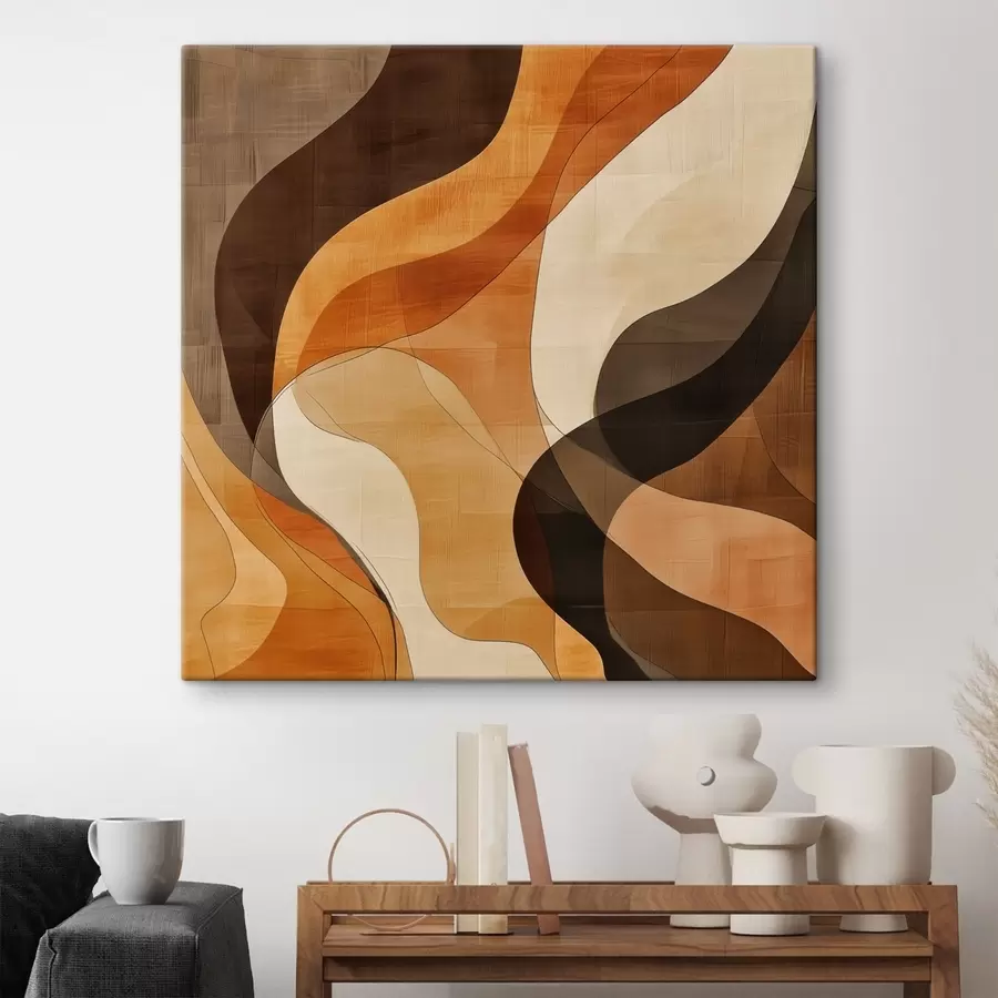 Obraz Abstraktná kompozícia s dynamickými vlnitými líniami v terakotovo-hnedej farebnej palete s48851
