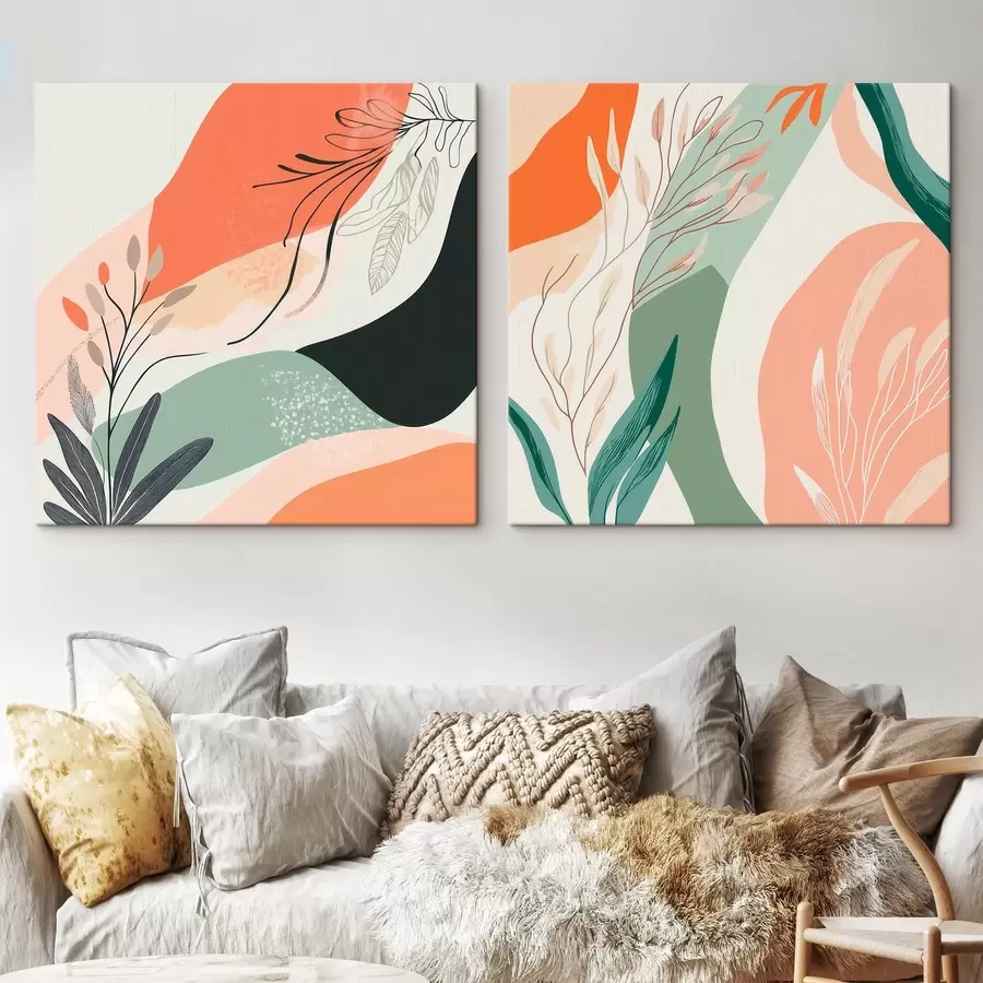 Obraz Abstraktný diptych s rastlinnými motívmi a farebnými škvrnami v modernom štýle m30347