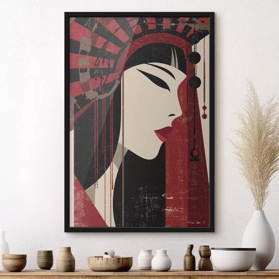Fototapety stylizovaný portrét ženy, inšpirovaný japonskou estetikou a štýlom art deco f48993