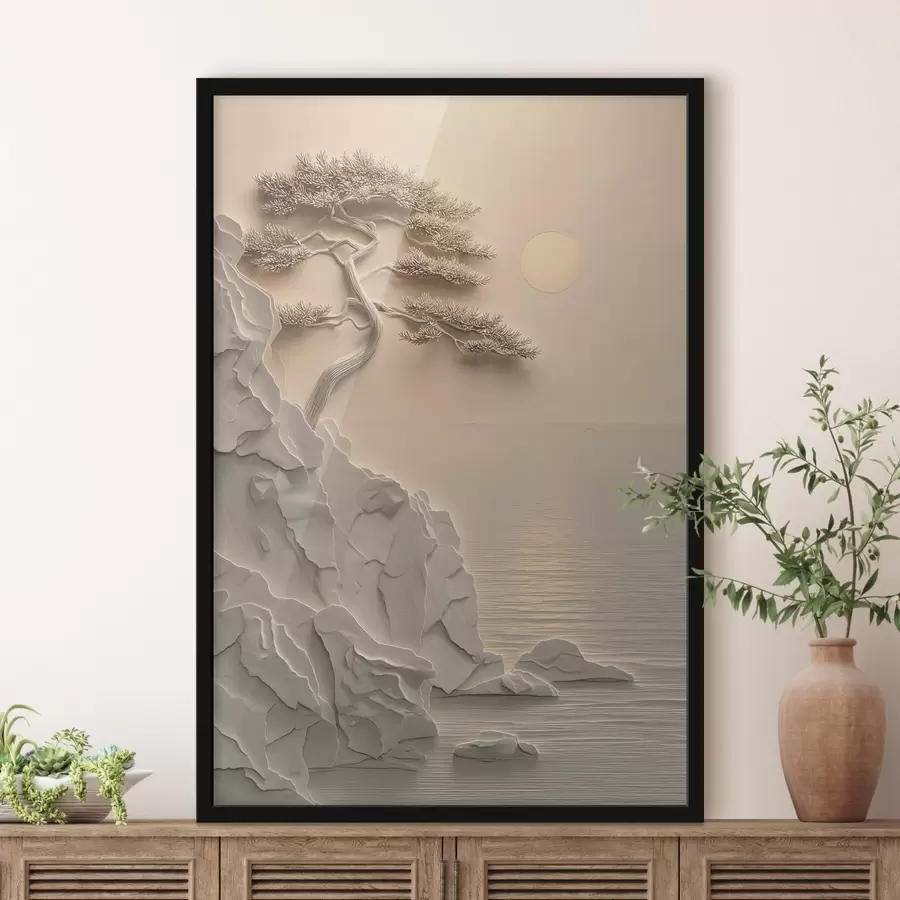 Fototapety strom na svahu pri mori, v štýle basreliéfu f49001