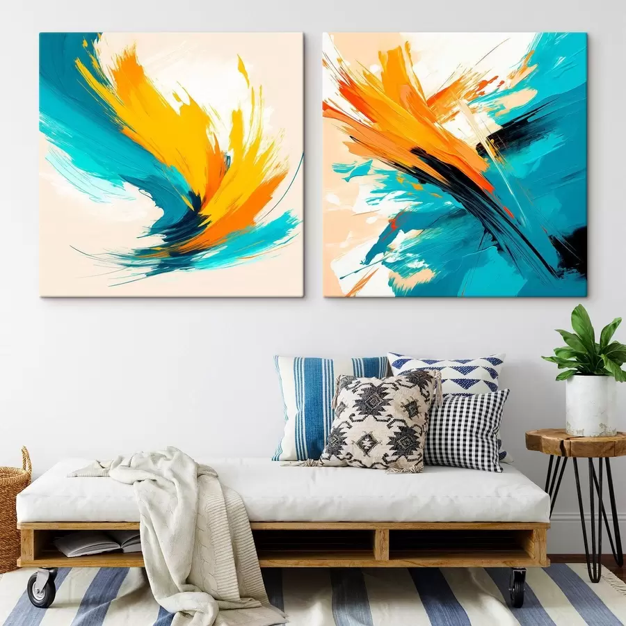 Obraz Dynamické ťahy štetcom v tyrkysovo-oranžovej farebnej palete v štýle súčasného umenia m30354