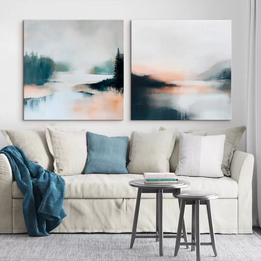 Obraz Zamračená krajina s ihličnatými stromami a jazerom v modernom maliarskom štýle m30357