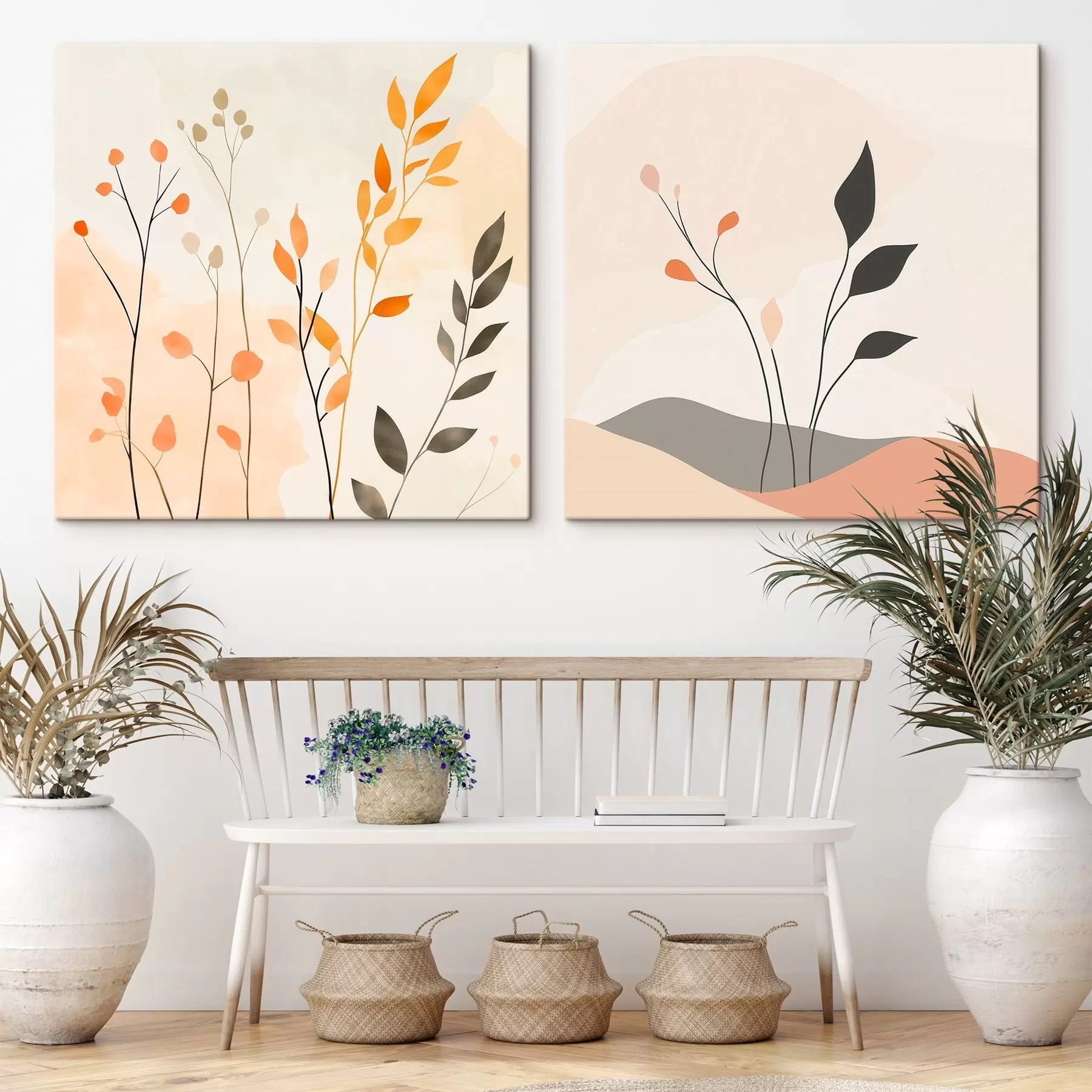 Obraz Kvetinový diptych v teplých béžovo-koralových odtieňoch s grafickými líniami v minimalistickom štýle m30363