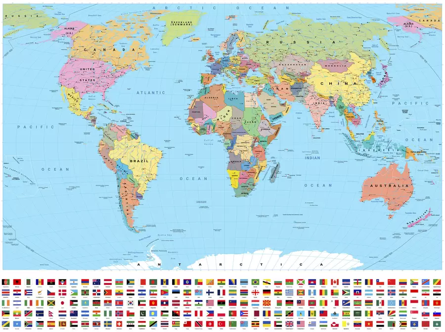 Fototapety Farebná politická mapa sveta s vlajkami, v angličtine c00004en