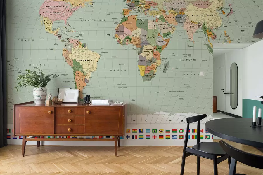 Fototapety Farebná politická mapa sveta s vlajkami, v ukrajinčine c00004ukv1