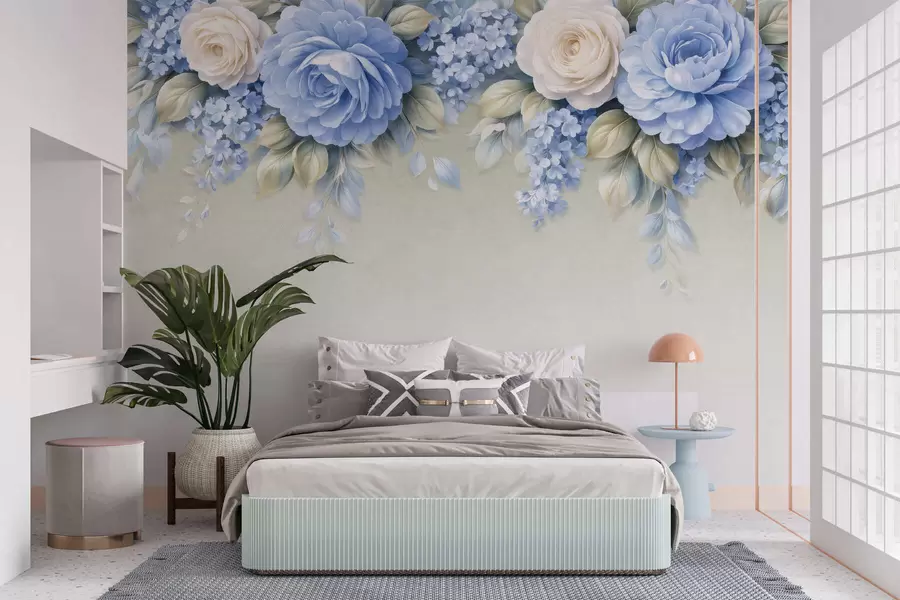 Fototapety Jemné ruže a kvetinové kytice v botanickej kompozícii inšpirovanej porcelánom s jemnými vrstvenými okvetnými lístkami a elegantnými vlniacimi sa listami w05495