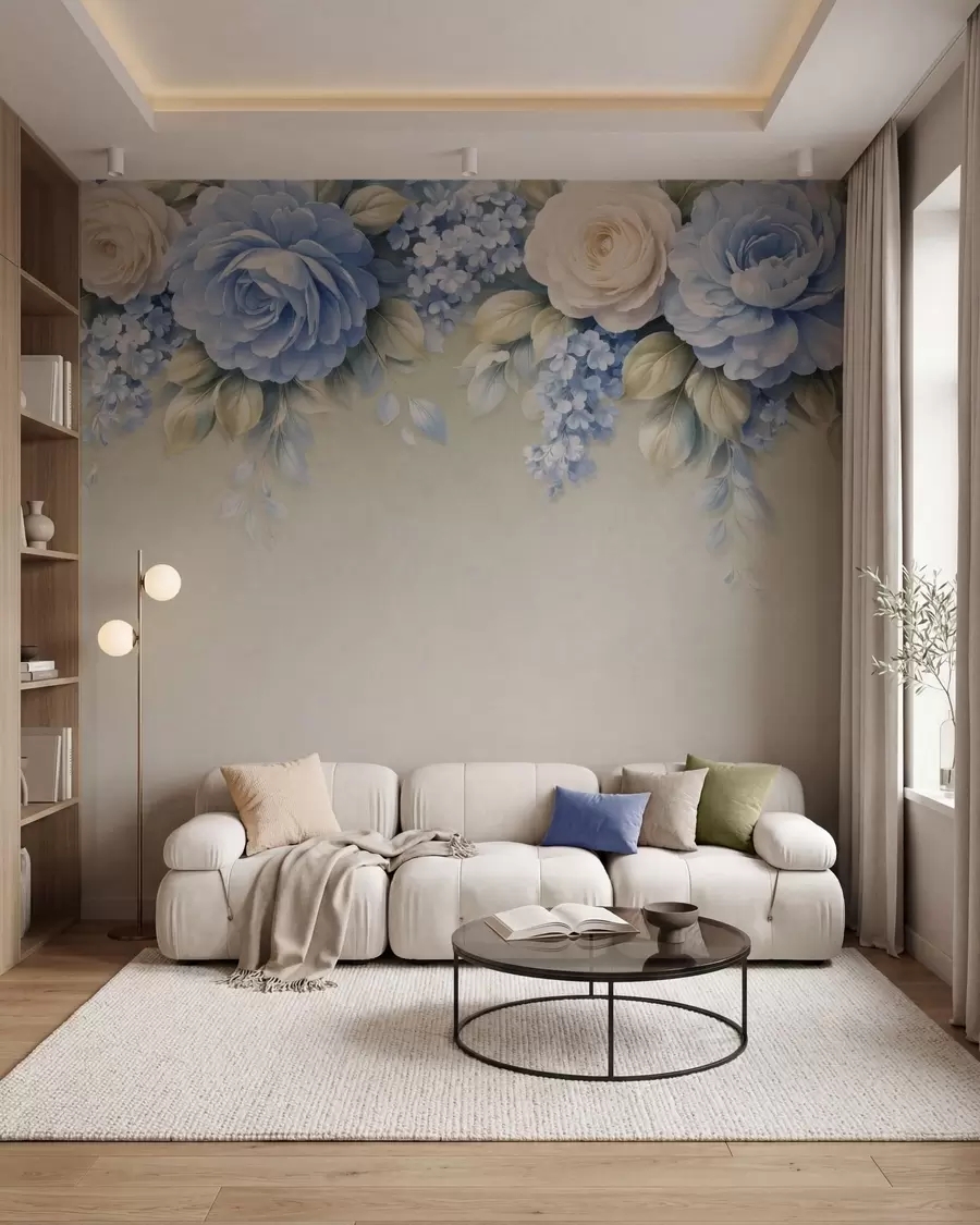 Fototapety Jemné ruže a kvetinové kytice v botanickej kompozícii inšpirovanej porcelánom s jemnými vrstvenými okvetnými lístkami a elegantnými vlniacimi sa listami w05495