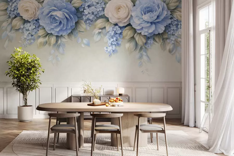 Fototapety Jemné ruže a kvetinové kytice v botanickej kompozícii inšpirovanej porcelánom s jemnými vrstvenými okvetnými lístkami a elegantnými vlniacimi sa listami w05495
