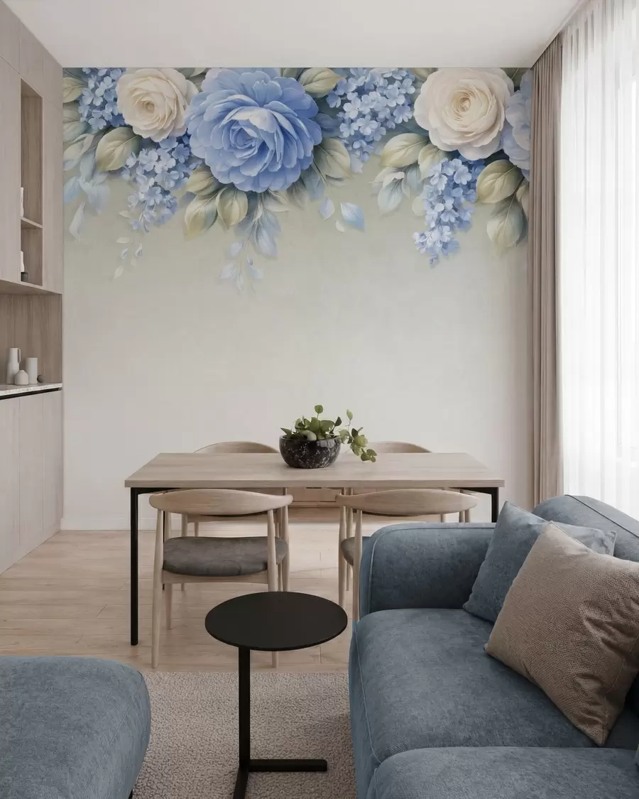 Fototapety Jemné ruže a kvetinové kytice v botanickej kompozícii inšpirovanej porcelánom s jemnými vrstvenými okvetnými lístkami a elegantnými vlniacimi sa listami w05495