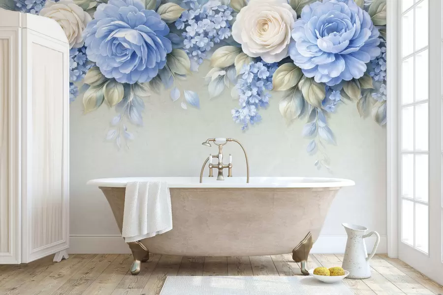 Fototapety Jemné ruže a kvetinové kytice v botanickej kompozícii inšpirovanej porcelánom s jemnými vrstvenými okvetnými lístkami a elegantnými vlniacimi sa listami w05495