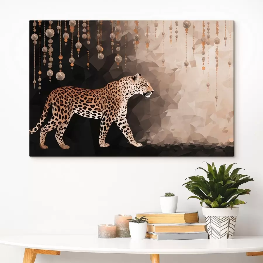 Obraz Leopard na geometrickom pozadí s visiacimi prvkami s49188