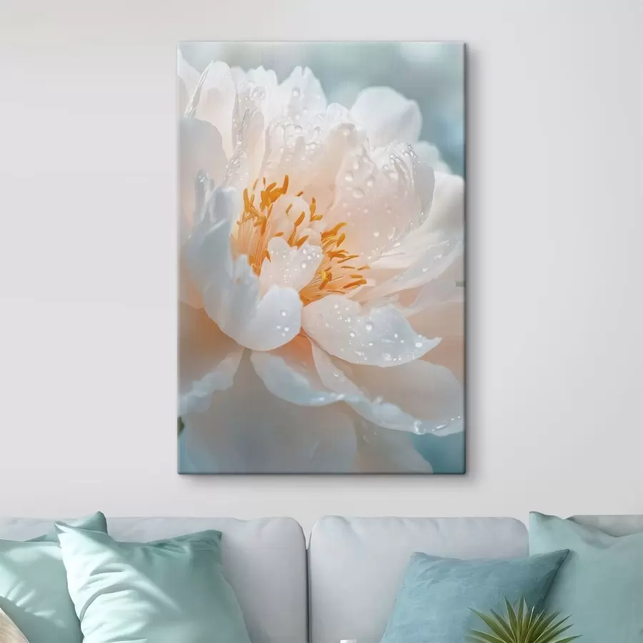Obraz Zväčšený záber kvetu s kvapkami rosy a jemným svitom s49223