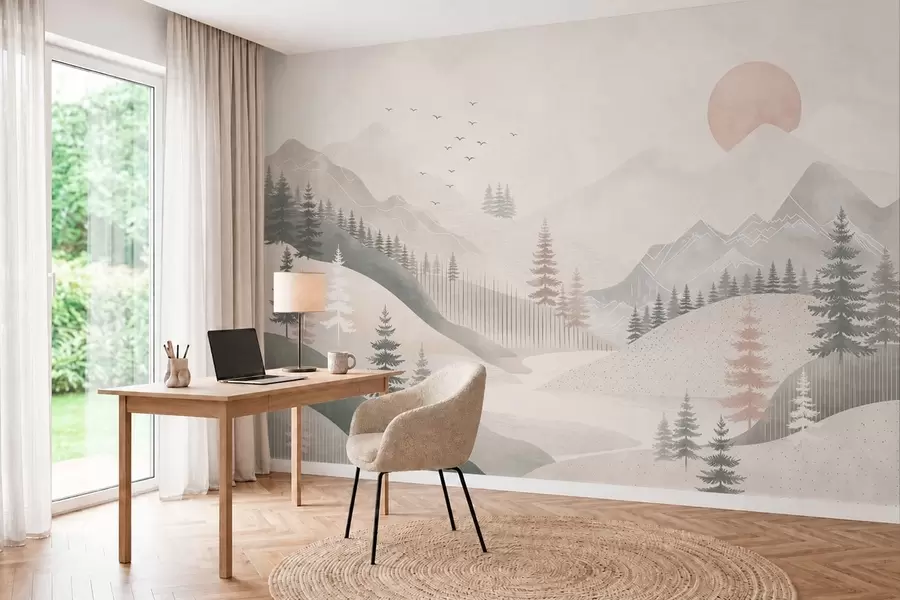 Fototapety Minimalistická horská krajina s borovicami w05626