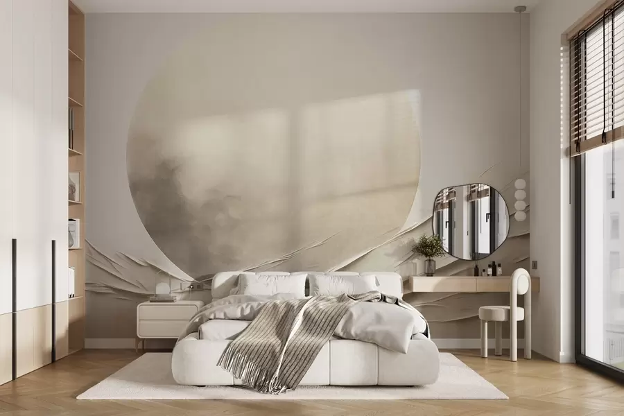 Fototapety Abstraktné, vlnitý, krémové tvary s veľkou bledou guľou, minimalistické moderné umenie w09895