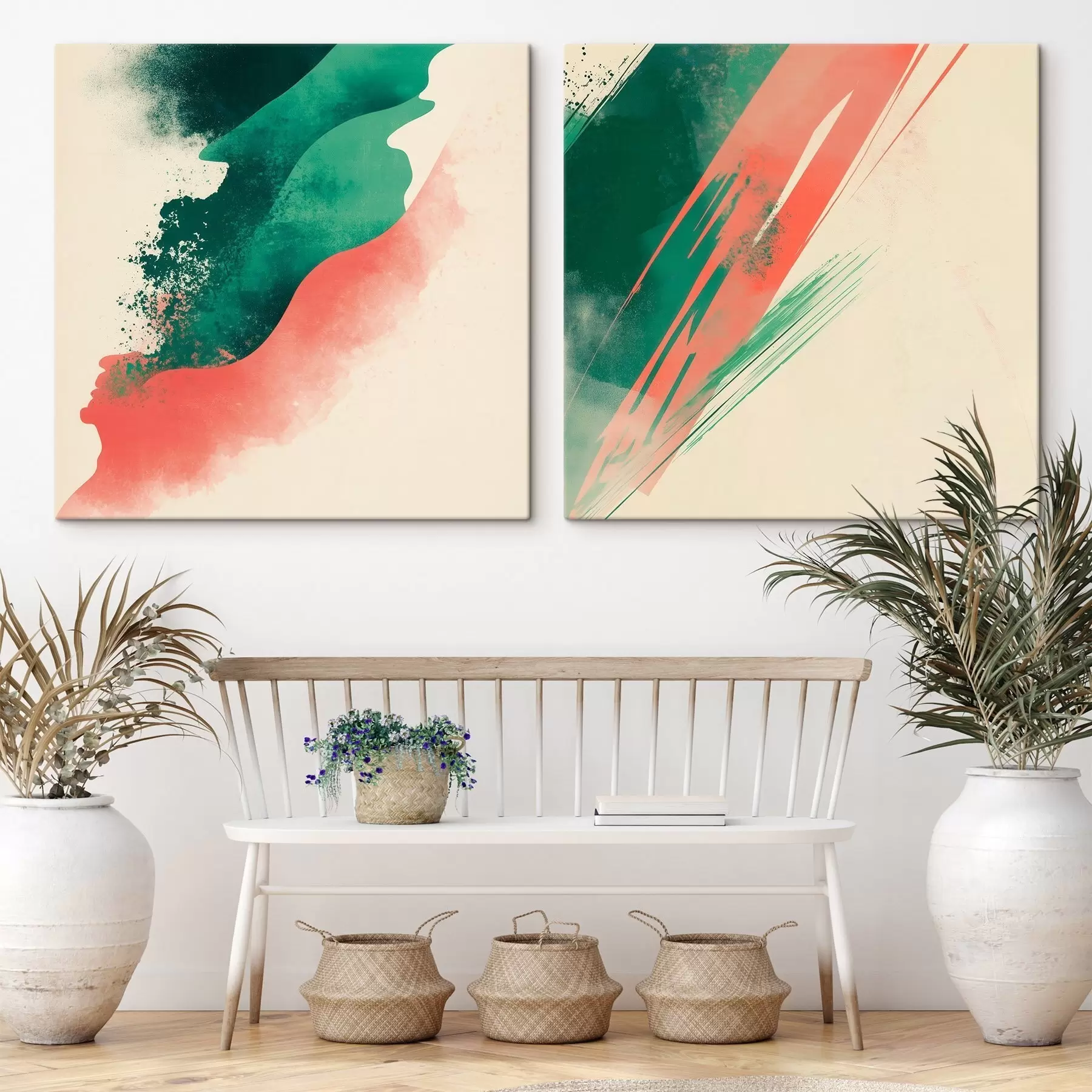 Obraz Abstraktný diptych s výraznými koralovými a smaragdovými ťahmi štetca na svetlom pozadí m30369