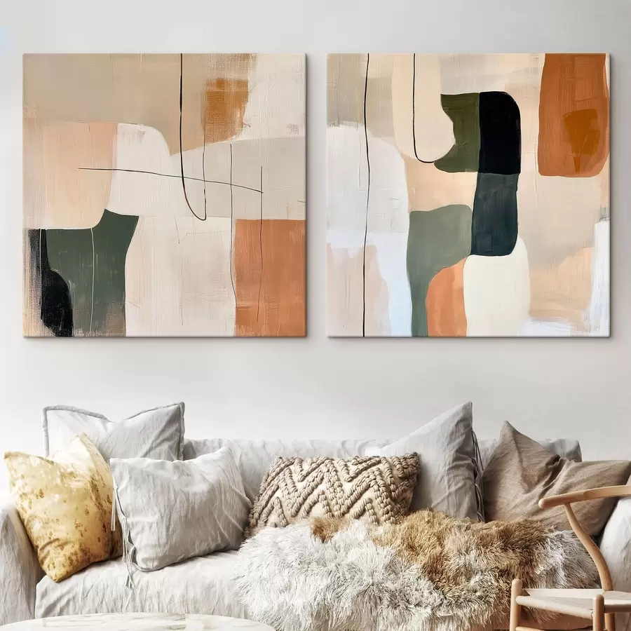 Obraz Abstraktný geometrický diptych v teplej béžovo-terakotovej farebnej škále s olivovými akcentmi m30371