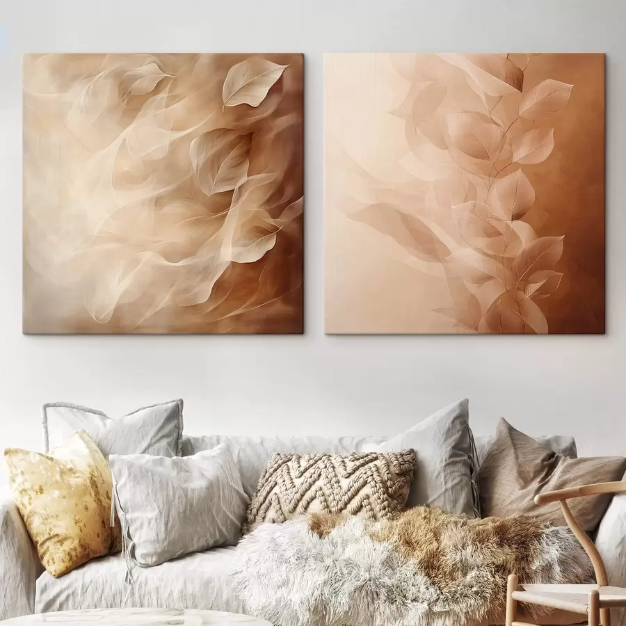 Obraz Kvetinový diptych s polopriehľadnými listami v teplých odtieňoch hnedej a kávovej m30372