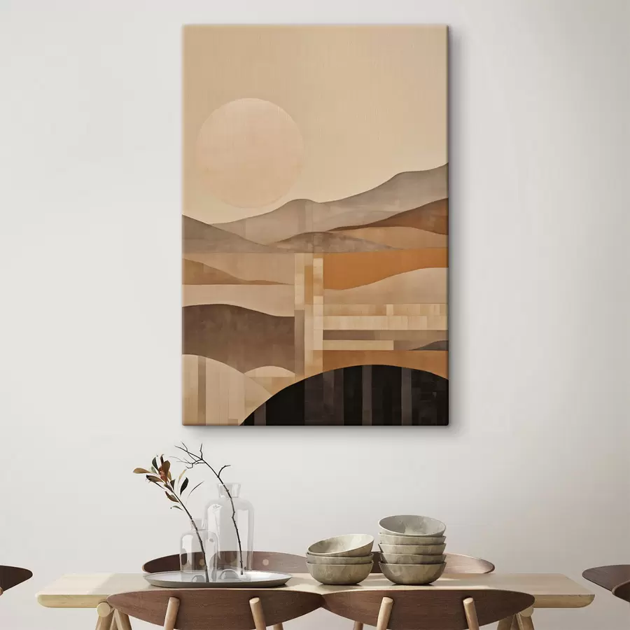 Obraz Minimalistická krajina s geometrickými tvarmi, hory v sépia odtieňoch s49485